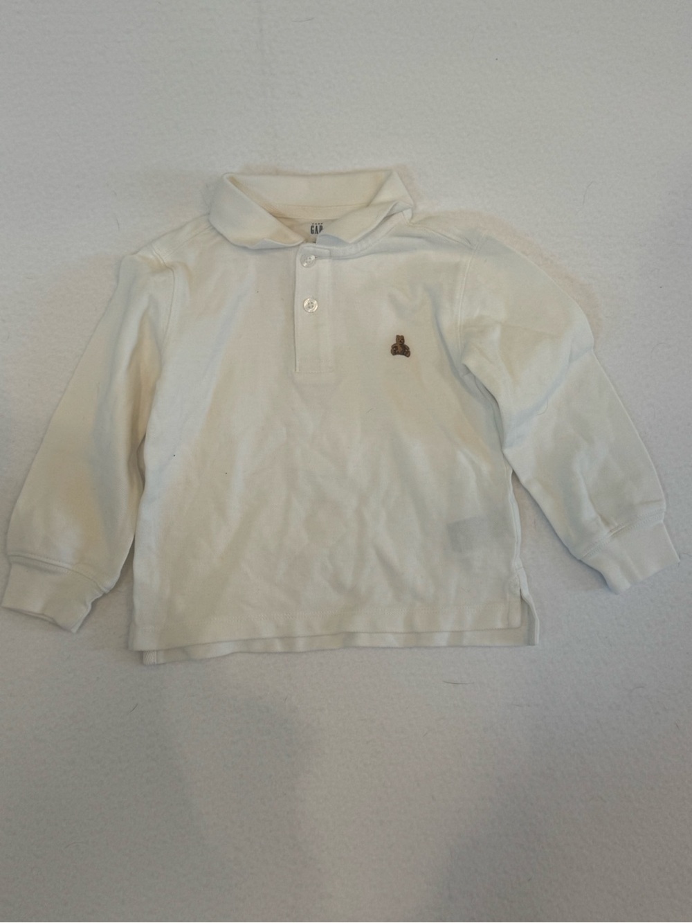 GAP White Long-Sleeve Polo with Embroidered Bear Patch